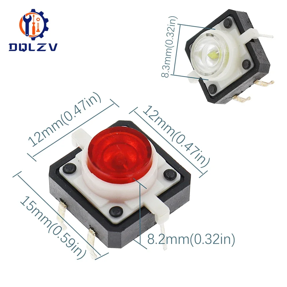 5PCS Reset Button Momentary Switch With Light 12x12x7.3 mm Green Red Yellow Blue White LED Illuminated Tact Switch 12*12*7.3 MM