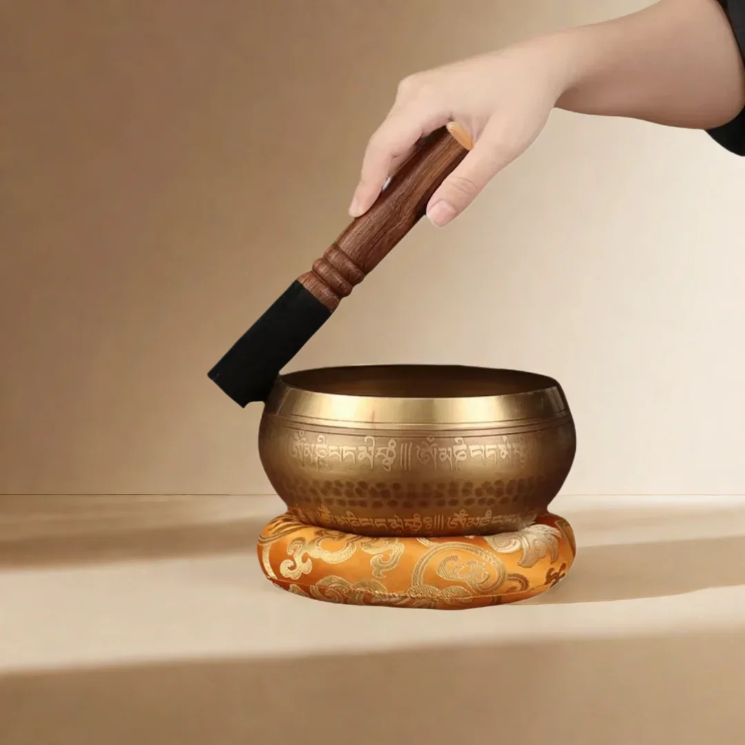 Handmade Tibetan Singing Bowls Set Nepal Buddha Mantra Engraved Meditation Bowl with Leather Stick for Yoga Chanting