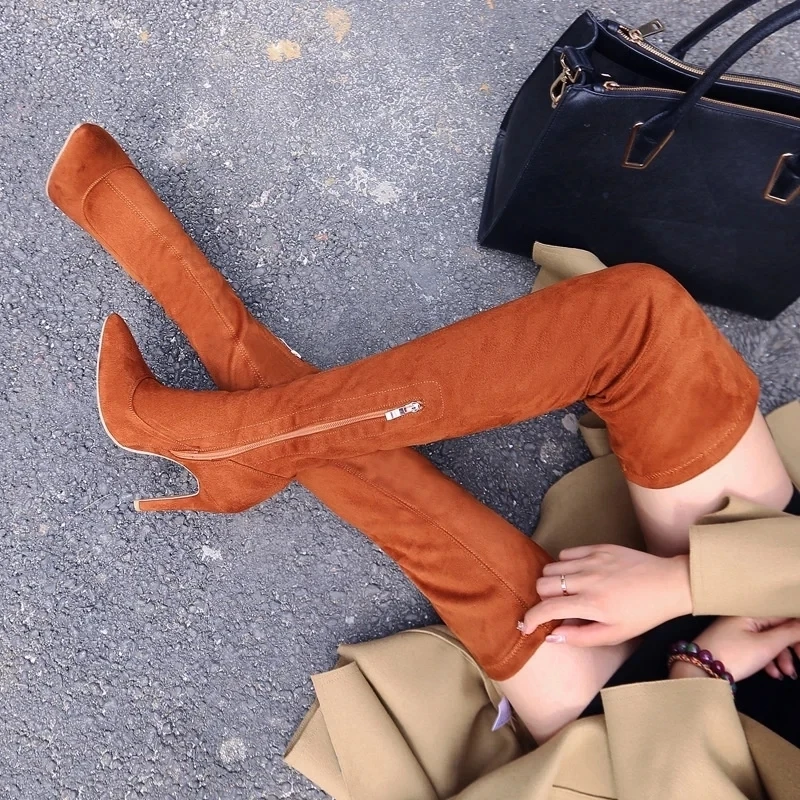 Big Size 34-46 Zwart Suède Dames Dij Hoge Laars Sexy Hoge Hakken Puntschoen Over De Knie Laarzen