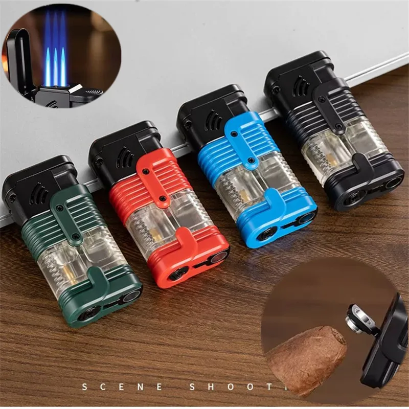 

Metal Windproof Three Flame Inflatable Lighter Outdoor Portable Butane Gas Lighter Igniter Bottom with Cigar Cutter Men's Gift