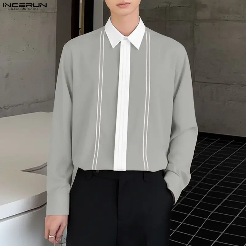 

INCERUN Men Shirt Lapel Long Sleeve Color-block Casual Men Clothing Streetwear Loose 2026 Fashion Leisure Tops Male Shirts S-5XL