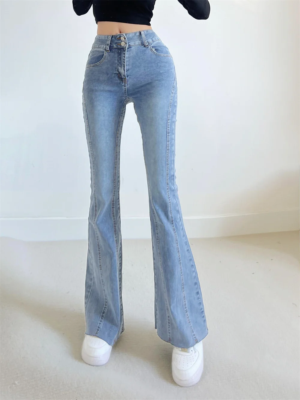 slim jeans micro flared trousers women's thin two button, peach buttocks, straight leg, floor K005