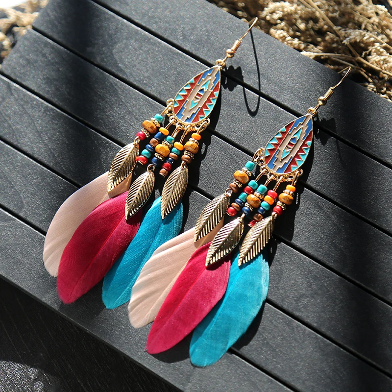 1Pair Bohemian Long Feather Dangle Earrings For Women Beach Chain Tassel Drop Earrings Wedding Bride Jewelry Girl Gift