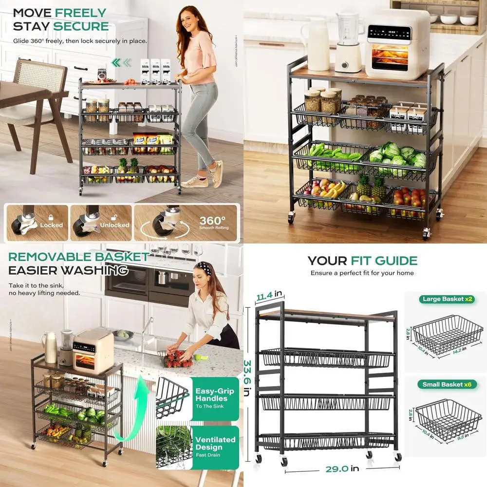 

4-х уровневая деревянная кухонная тележка с 8 корзинами, регулируемое хранилище для фруктов и овощей