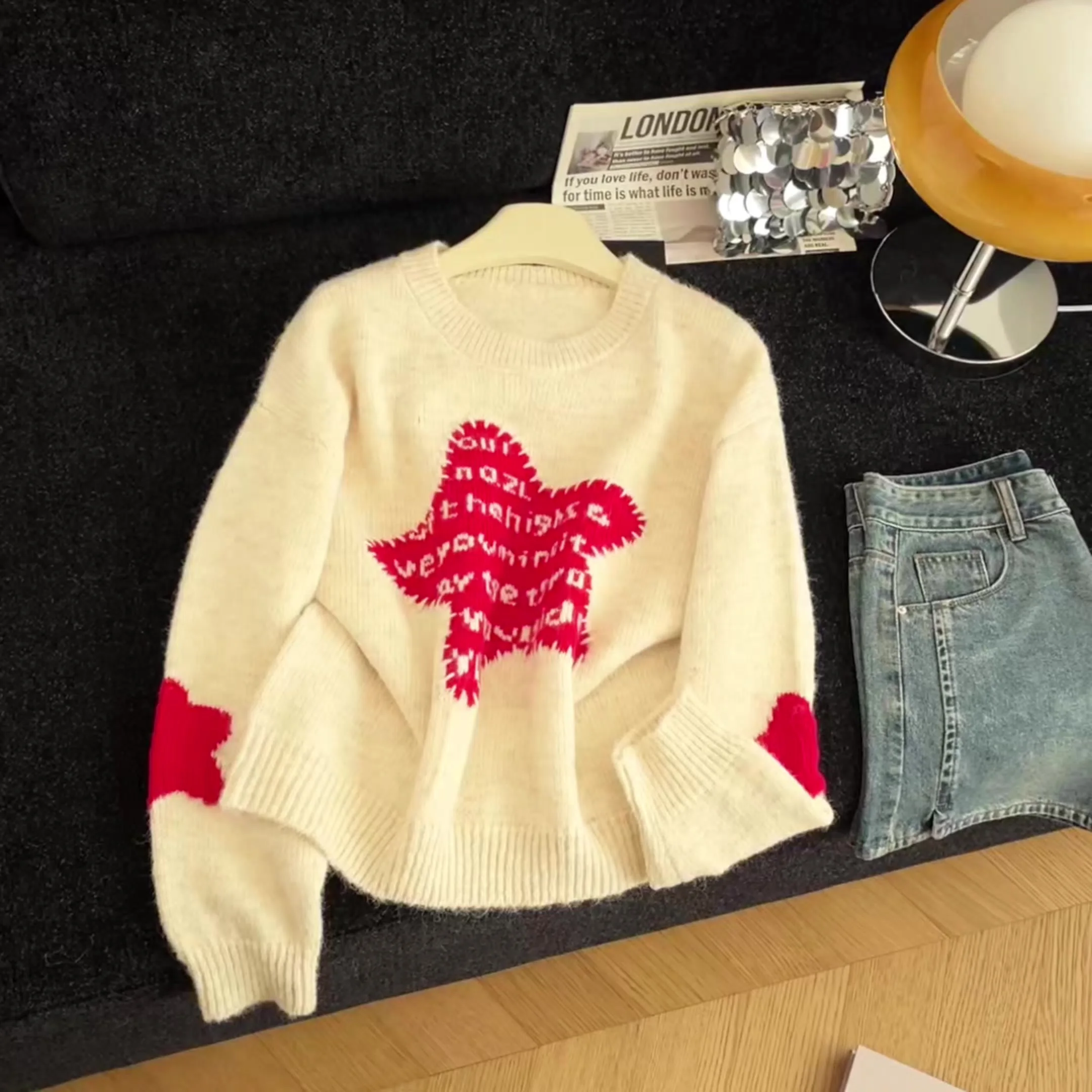 

Women Apricot Pullover Embroidery Sweater Korean Style 2000s Vintage Long Sleeves O-Neck Cozy Cashmere Sweater For Women Clothes