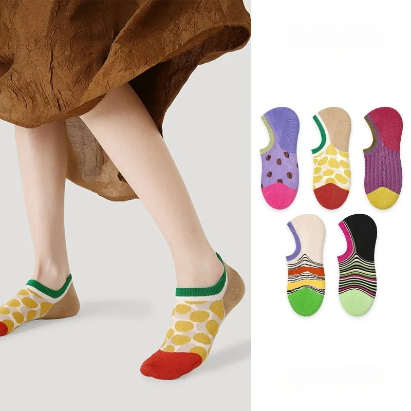 

5 Pairs Women's Short Socks Spring Autumn Boat Socks women Fashion Anti-Slip Invisible Cotton Socks with Print High Quality 2025