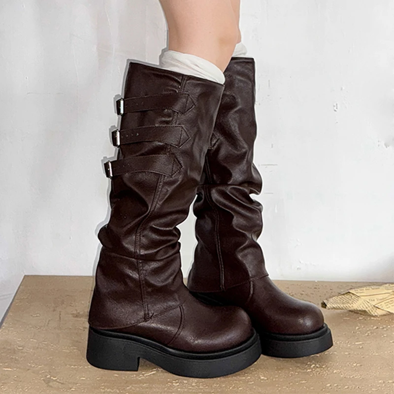 

Женские высокие сапоги на платформе. Дизайнерские сапоги до колена на плоской подошве. Зима 2024. Новые ботинки челси. Кожаные мотоциклетные ботинки в готическом стиле. Mujer De Botas.