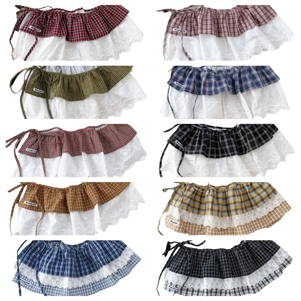 

Fashion Balletcore Plaid Fart Curtain Lace Up Korean Style Ruffle Short Skirts Pastoral Style High Waist Lace Mini Skirts Girl