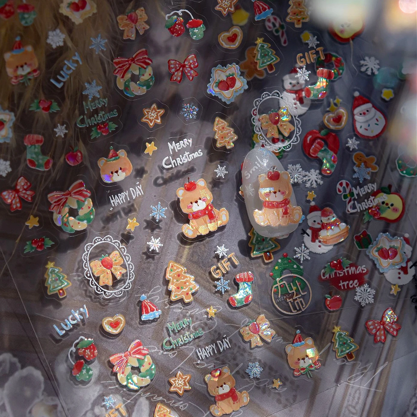 

Bear Cherry Bowknot Stars Snowman Christmas Tree Santa Claus Apple Sock Winter Snowflakes Crystal Ball Nail Art Stickers Decals