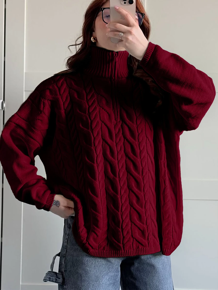 Sweter Rajut Wanita Model Twist Terbaru Musim Gugur, Lengan Panjang, Kerah Setengah Tinggi dengan Ritsleting, Jumper Kasual Simpel Modis, Sweter Longgar