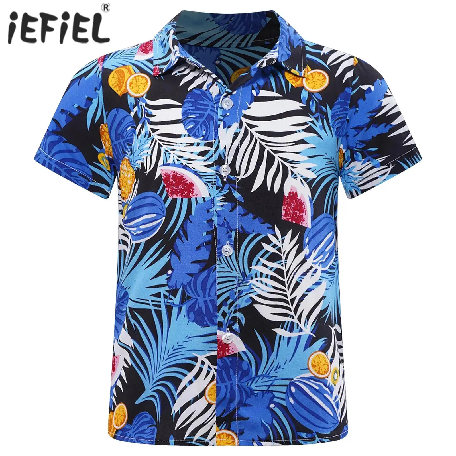 

Boys Summer Shirt Kids Short Sleeve Hawaiian Casual Beach Shirt Cotton Floral Print Button Up Tropical Graphic Shirt 4-14 Years