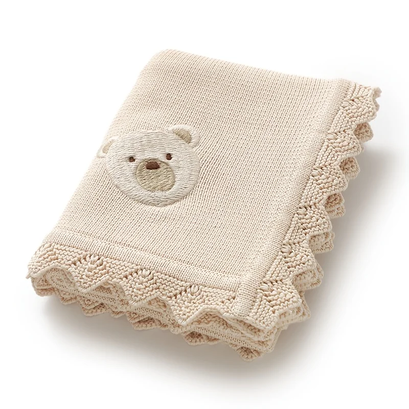 Adorable Bear Embroidered Cotton Knit Blanket with Lace Trim Soft Cozy Youngsters Blanket Khaki Pink Hand Wash Nursery Playtime