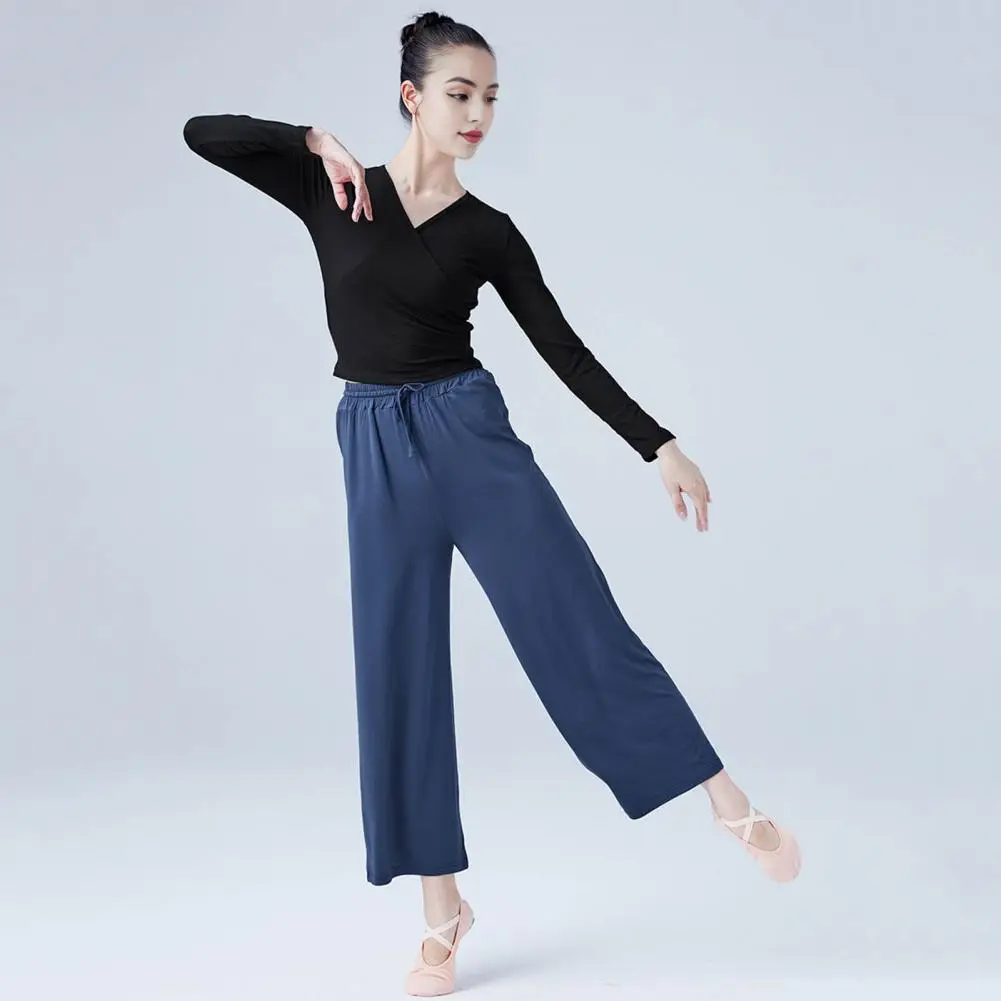 Women Dance Top V-neck Women Top Stylish Knitted Women's Ballet Top Adjustable V Neck Cross-back Tie-up Long Sleeves Pure Color