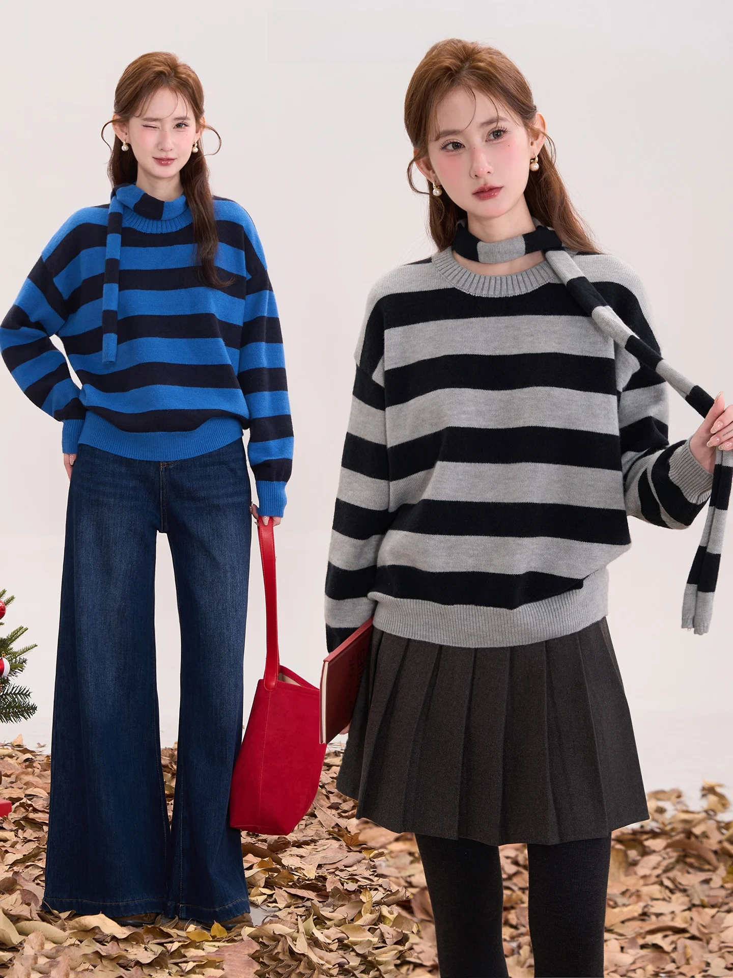 

Heme Knitted Scarf Ne Long Sve round Ne Women's Autumn Winter Striped Sweater Casual Loose Sle Soft Knitwear