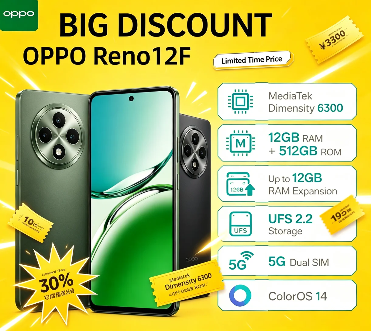 Trending 2026 Brand‑New OPPO Reno12F Android Cellphone 12+512GB Large Capacity Stable Memory Performance Global Version