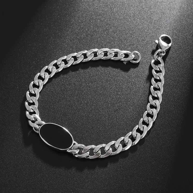 Men\\\'s Popular Stainless Steel Cuban Chain Bracelet Black Zircon Charm Cool Street Party Jewelry Gift