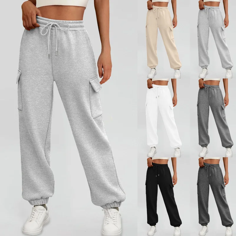 Pant women 2026 casual new side-pocket elastic waist solid color wide-leg fleece thickened sweatpants men's clothing