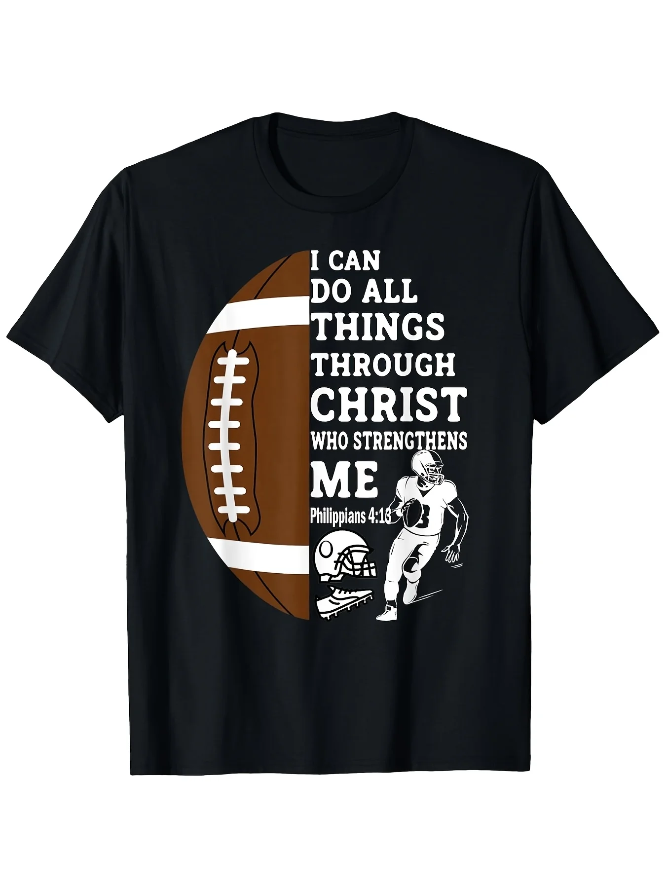 Christian Football Player Thanksgiving T-Shirt I Can Do All Things Through Christ, Funny Christmas Shirts, Men'S Graphic T-Shirts, Black T-Shirt, T-Shirts for Men, 100%, 220G, Soft and Comfortable Short Sleeves