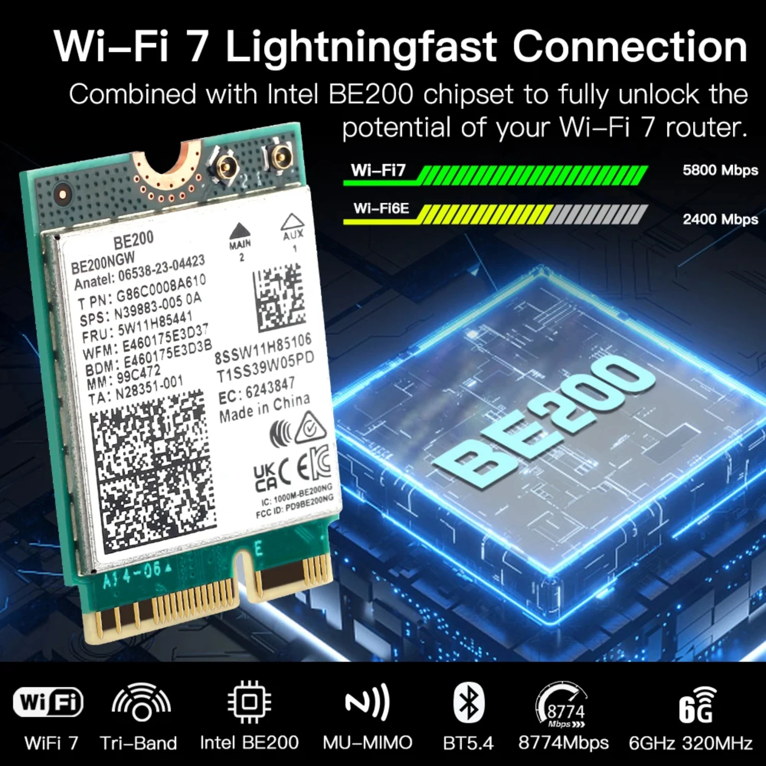 WiFi 7 for  BE200 M.2 Card Bluetooth 5.4 BE200NGW 2.4/5/6GHz Wireless Adapter Network Card with Antennas Better than AX210