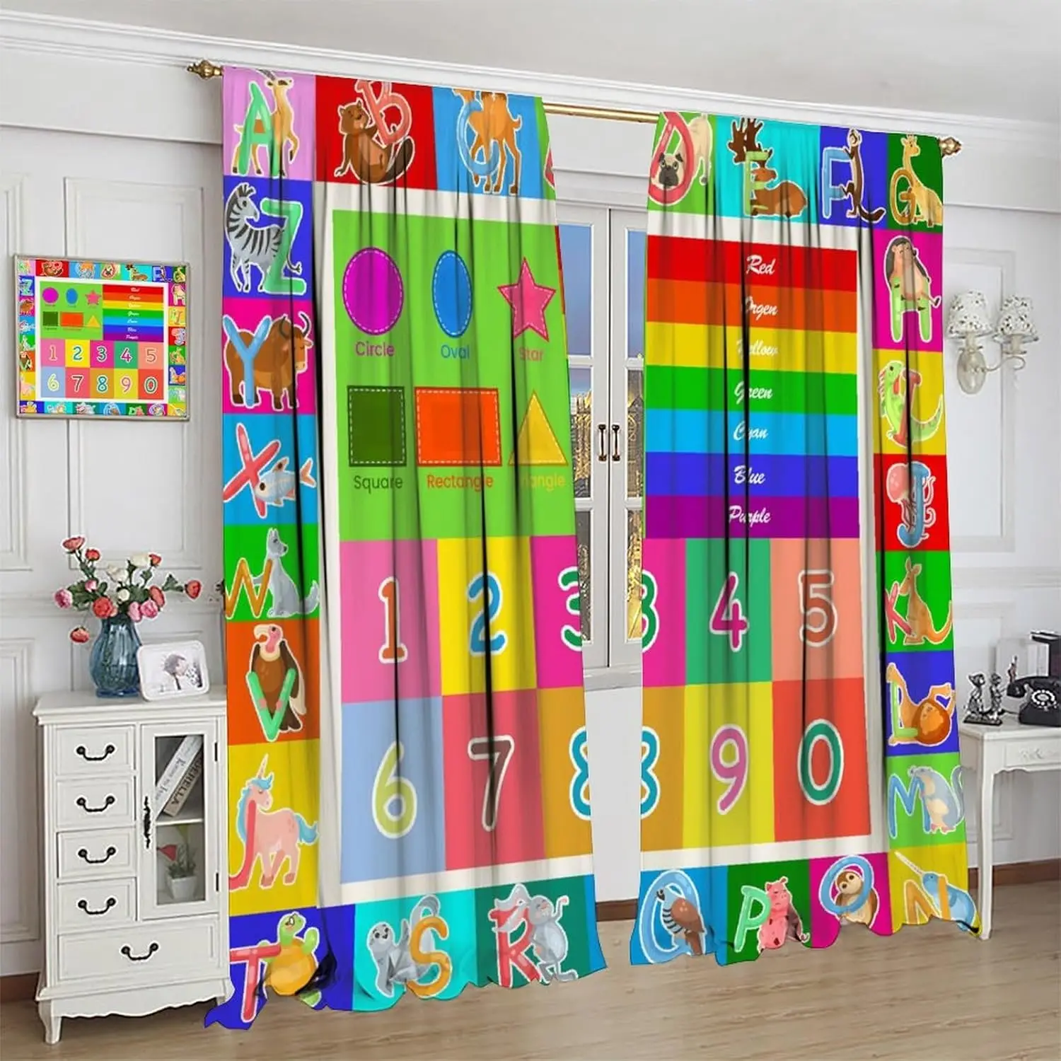 

ABC Alphabet Curtains, Cartoon Toddler Colourful Animals Numbers Colours Classroom Learning Windows Treatments Drapes for Kids