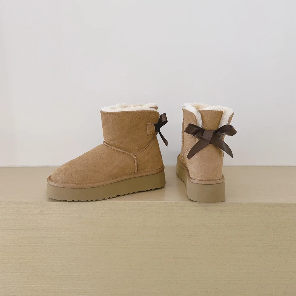 2026 Plateau-Schneestiefel für Damen in Übergrößen, mit dickem Fleece, dicken Baumwollschuhen und Banddekorationen, Damen-Baumwollstiefel – Detail 3
