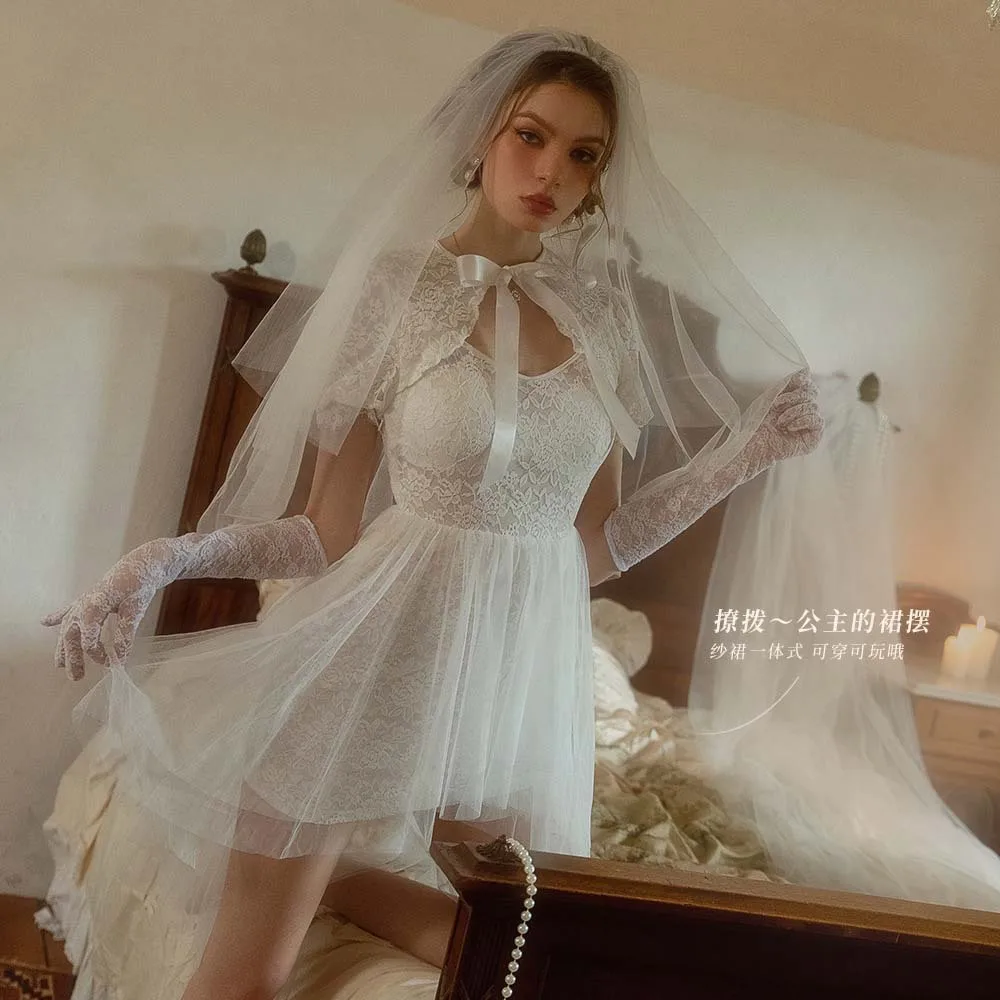 New Arrival Women\'s Sexy Lace Roleplay Bride Lingerie Dress Lady Stylish Honeymoon Cosplay Wedding Dress Party Lingerie Babydoll