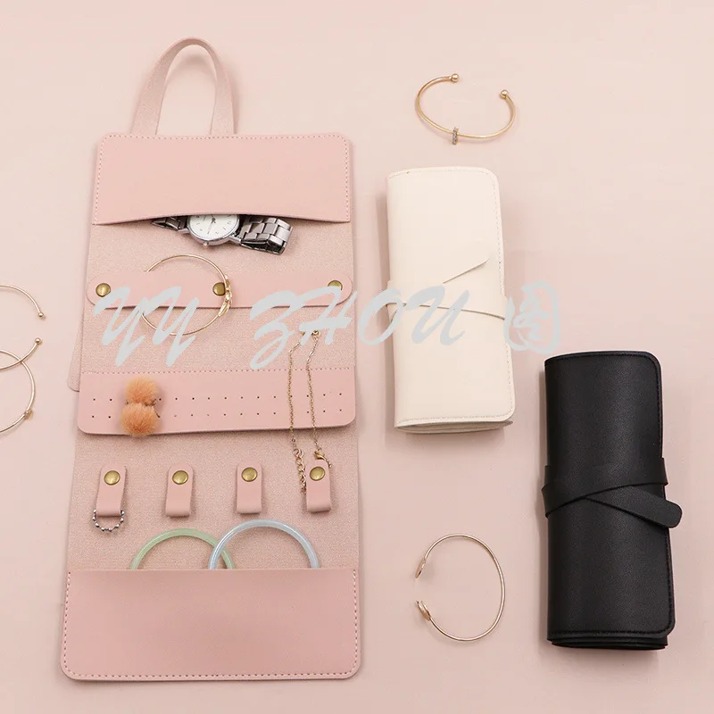 Spot Fashion Jewelry Roll Bag PU Leather Travel Convenient Storage Bag Necklace Ring Large Capacity Portable Roller Shutter Bag