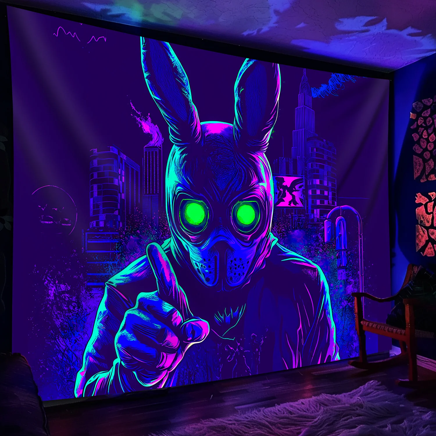 VIKAMA Cyberpunk Rabbit-Face Tapestry Gaming Bedroom Music Bar Theme Living Room Wall Hanging Homestay Room Decor