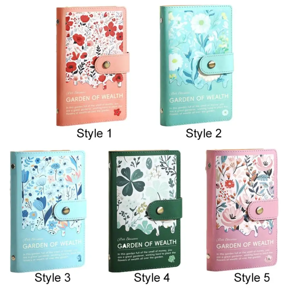 Leather 100 Envelopes Saving Money Binder Refillable Flower Printed Money Challenge Book Loose-leaf Magnetic Buckle