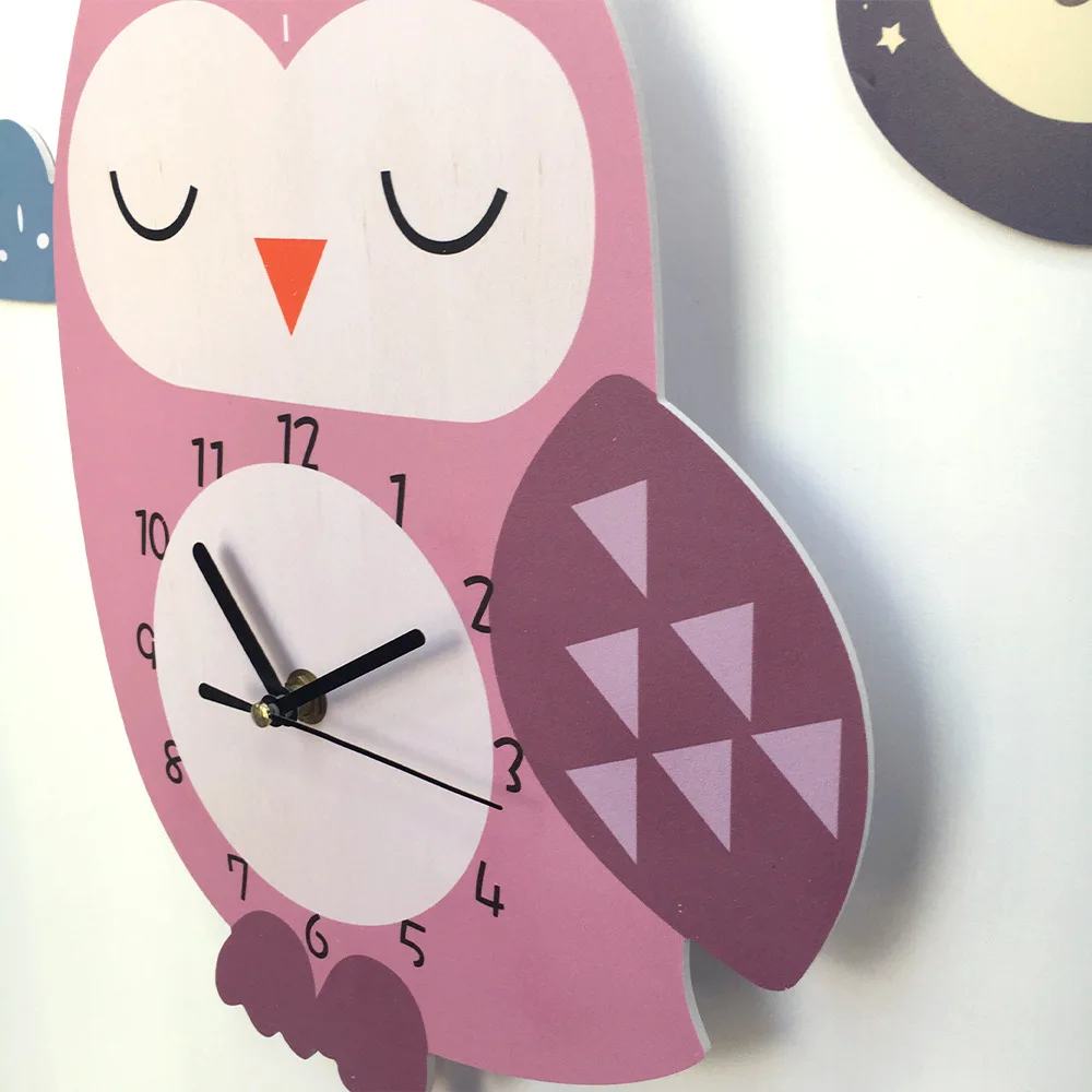 Cartoon Owl Wall Clock for Kids Room Pink Mute Movement Wooden 3D Reloj de Pared Horloges Home Decor Living Room Pendulum Gift