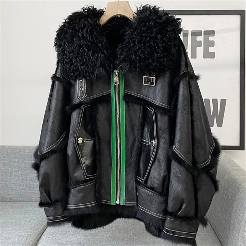 2023 winter new double faced rabbit fur coat Women fashion short lambswool collar genuine fur jacket Loose warm Outerwear Y3275