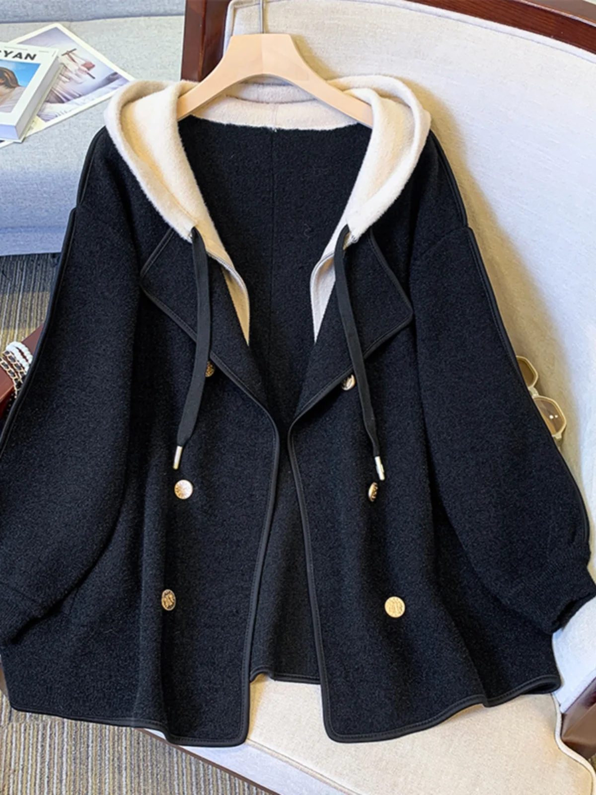 

Double-Sided Hat Woolen Jacket Women's Spring Large Size Women's Fashion Slimming Open Cardigan Woolen Coat Korean Style Loos...