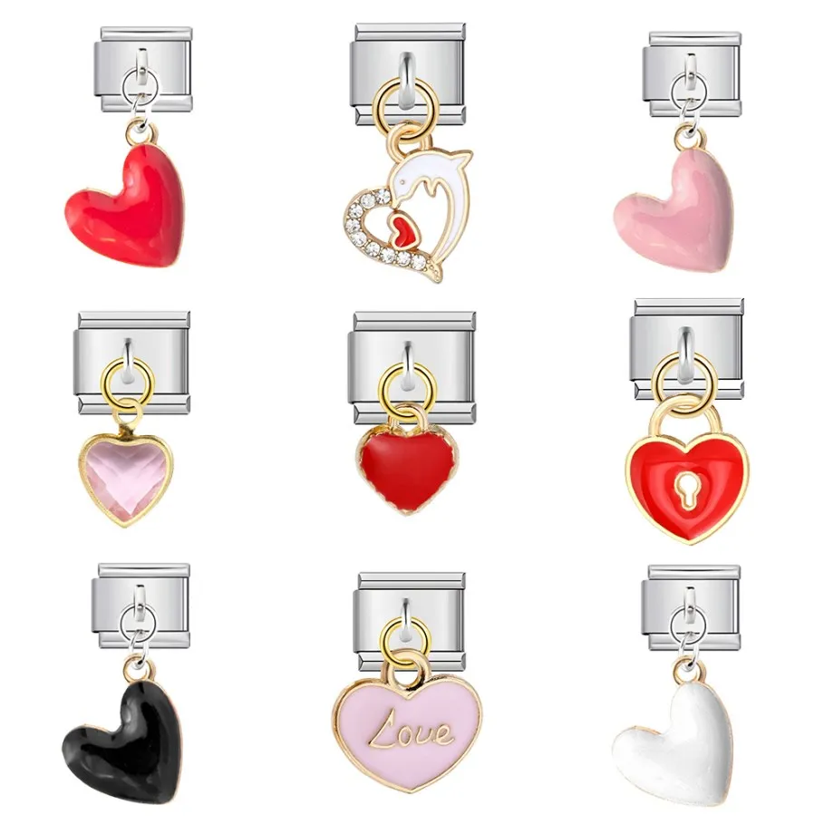 Y2k Mädchenhaftes Niedliches Rosa Rot Schwarz Weißes Herz-Anhänger Italienischer Charm Passend für 9mm Gliederarmband aus Edelstahl Schmuckperlen DIY Herstellung – Detail 1