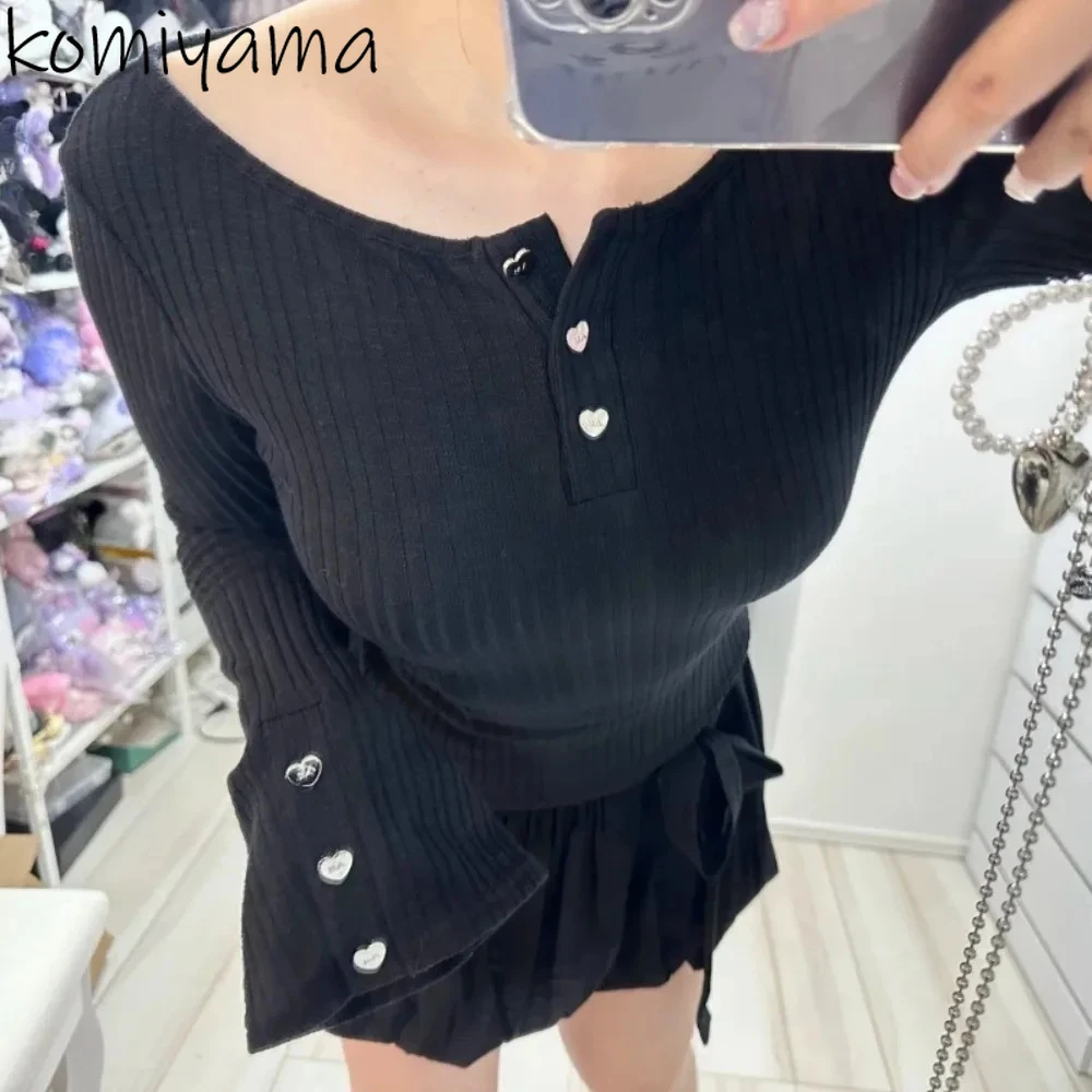 

Slash Neck Off Shoulder Ropa Muje Long Sleeve Knit Roupas Love Heart Button Sweater Japan Woman Clothes Pure Desire Style Sueter