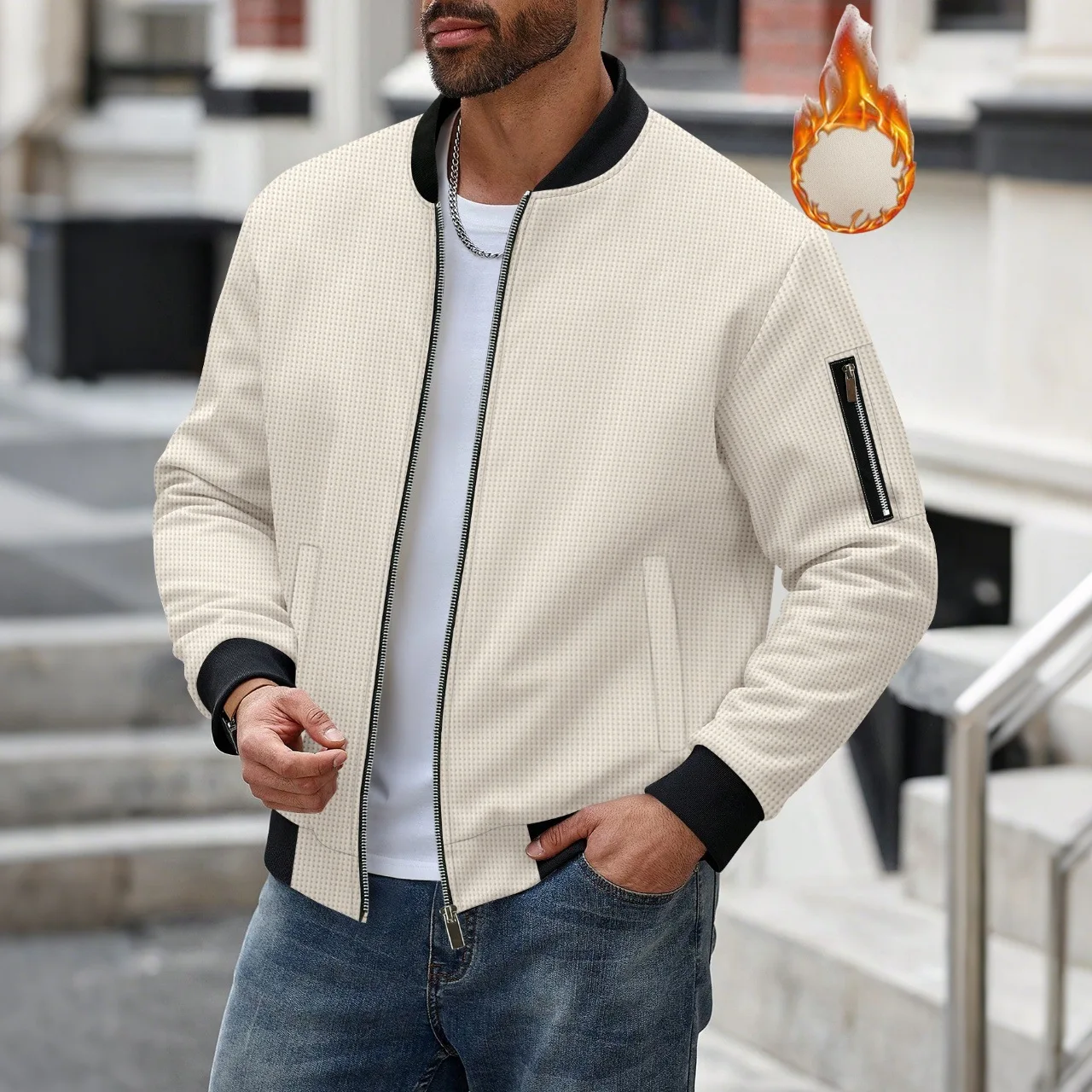 Men's Waffle Textured Thermal Bomber Jacket – Fleece Lined Full Zip Coat with Sleeve Pocket, Casual Winter Streetwear & Daily