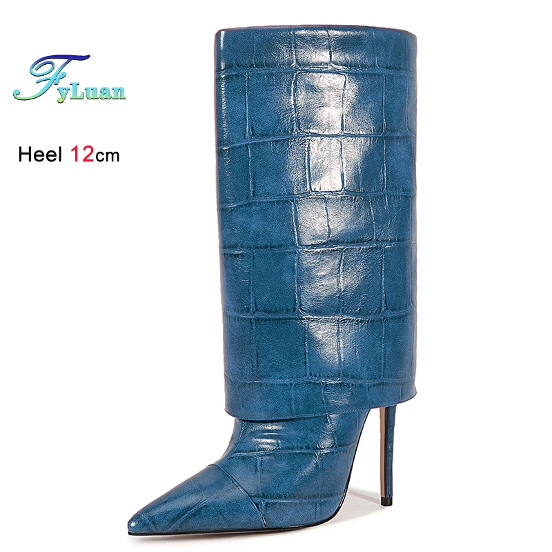 

New Fall Winter Blue Women's Mid-Calf Boots Pointed Toe Ladies Pumps Thin High Heels 12cm Stone Patterned Turned-Over Edge Boots