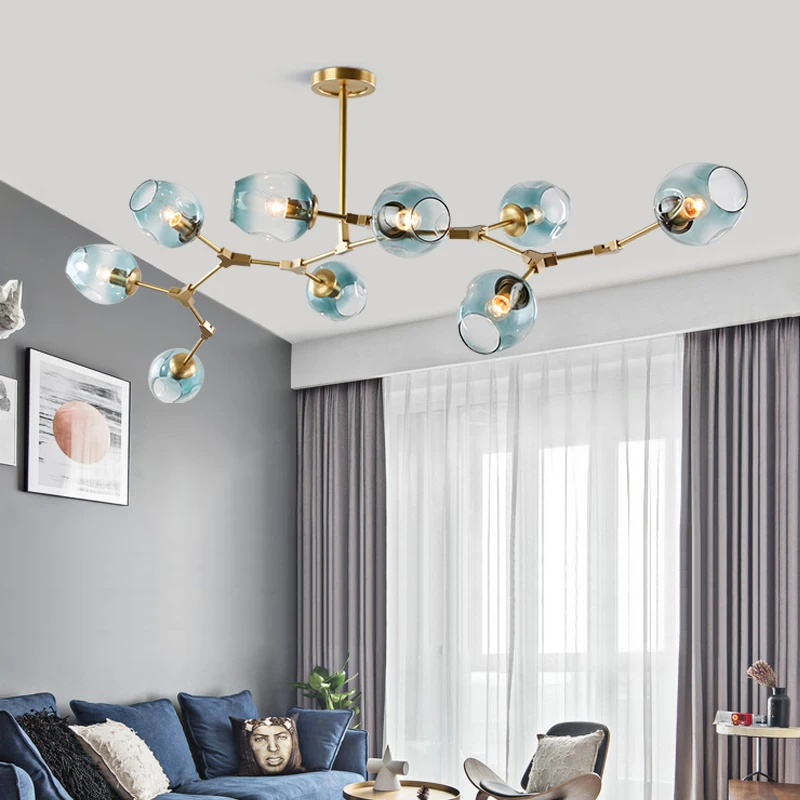 Modern Branching LED Bubble Pendant Light Amber Smoke Gray Glass Ceiling Lamp 5 8 10 Heads Living Room Bedroom Kitchen Fixture