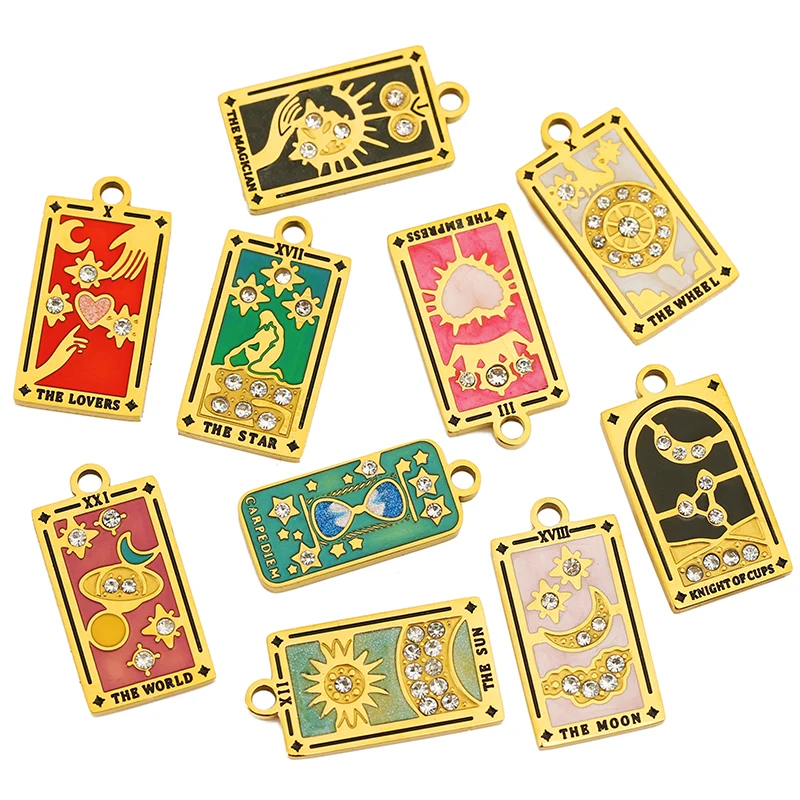 2pcs Stainless Steel Enamel Knight Magician Star Moon Sun Charms Tarot Cards Pendant for Women Earring Necklace Jewelry Making