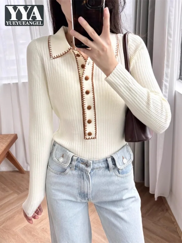 Women Autumn Lapel Collar Buttons Slim Fit Sweater Tops Long Sleeve Knitwear Crochet Mixed Color Ladies Casual Pullover Jumpers