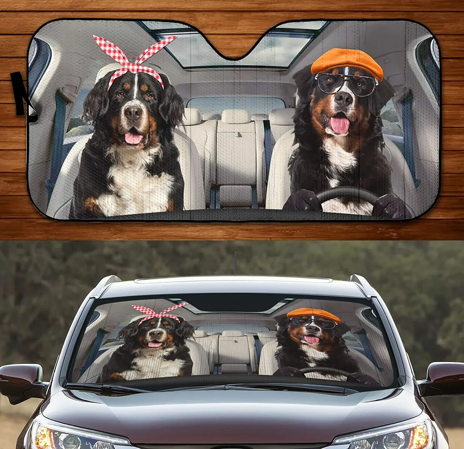 Bernese Mountain Driving Dog Couple Summer Car Sunshade, Bernese Mountain Car Window Sun Cover, Car Windshield Durable Visor