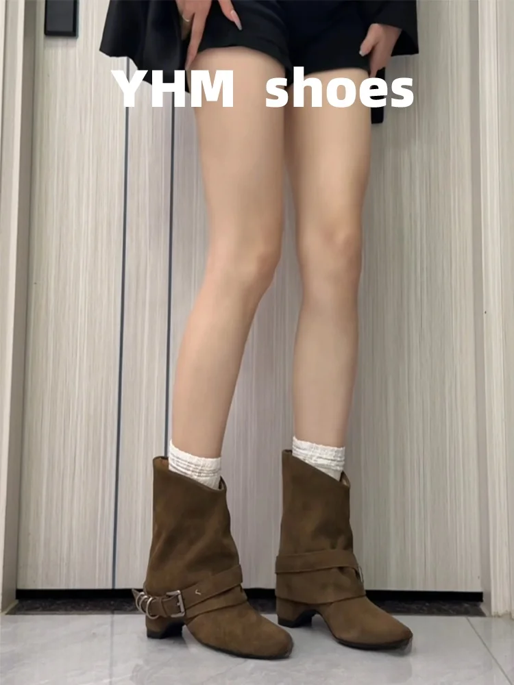 

Женские новые ковбойские сапоги в стиле ретро с квадратным носком, увеличенной высотой, на весну-осень 2025 года, с поясом и синим манжетом, два варианта ношения, широкие, с широким голенищем