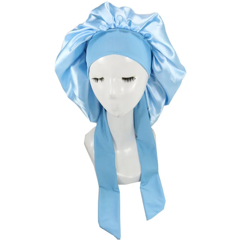 New Style Bandage Large Satin Nightcap High Elastic Nightcap Tie Bath Cap Bonnets for Women  Beanie