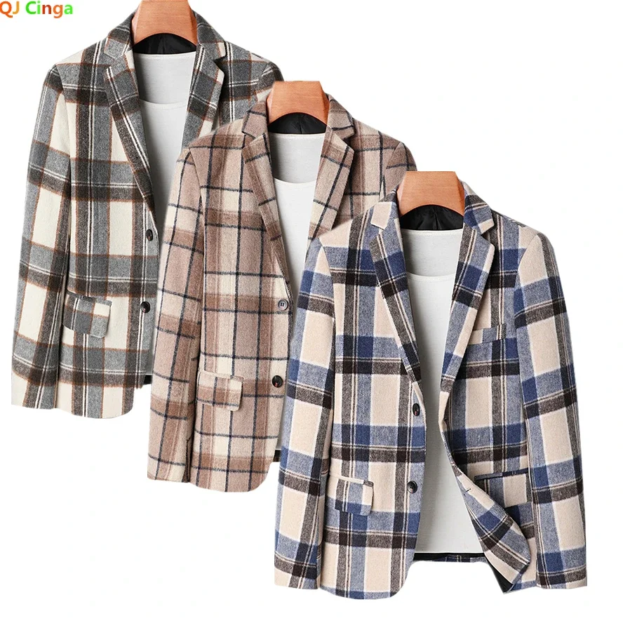 

Tweed Suit Jacket Men's Fashion Slim Plaid Blazers Coat Suitable for Autumn/Winter Blue Gray Khaki Can Choose,Asian Size M-6XL