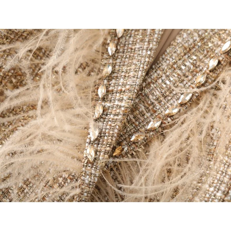 Women Beige Tweed Two Piece Set Feather Trim Rhinestone Cropped Jacket Midi Skirt Elegant Party Suit image 5