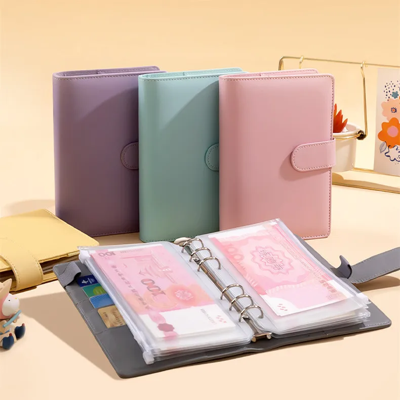 PU Leather Budget Binder With Cash Envelopes Pockets Zip Small French Budget Pouch Binder For Saving Money A6 Planner Organizer