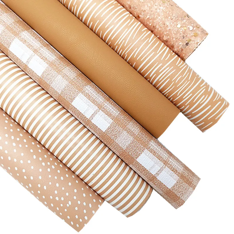 Beige Glitter Leather Sheets Sprinkles Stripes Tartans Dots Printed Synthetic Leather Sheets Felt Back Leather 8.2