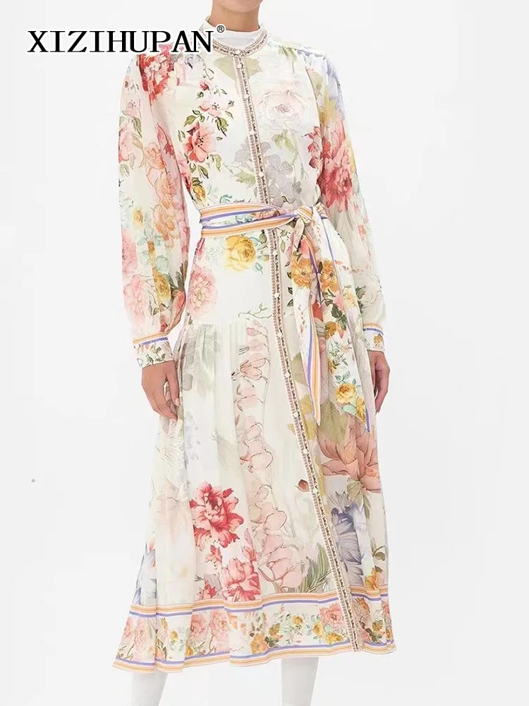 

XIZIHUPAN Casual Floral Printing Dress For Women Round Neck Lantern Sleeve High Waist Loose Folds Long Dresses Female New Style