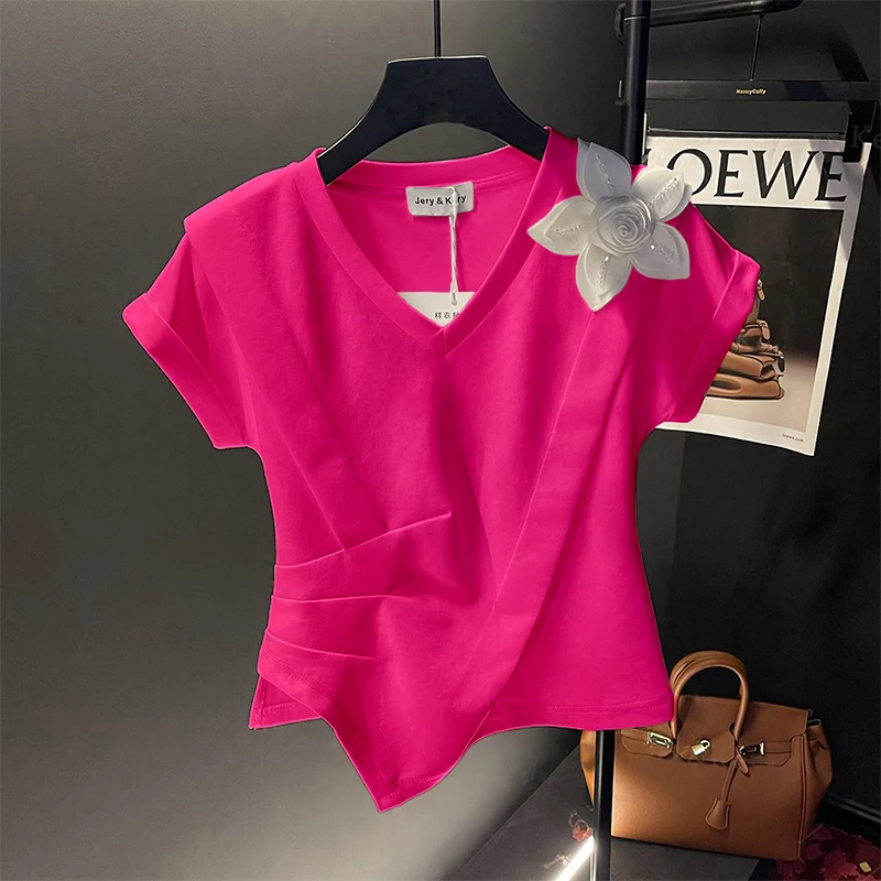 Magliette magliette oversize magliette in cotone Camisetas Crop Top 2024 per donna Y2k maglietta rosa bianca irregolare