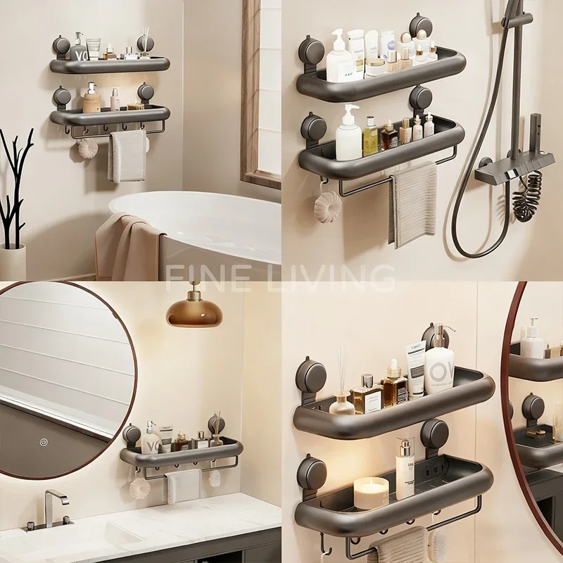 Picture 3: Suction Cup Bathroom Towel Rack Space Aluminum Wall-Mounted Minimalist Multi-Functional Storage Shelf No Drilling Required