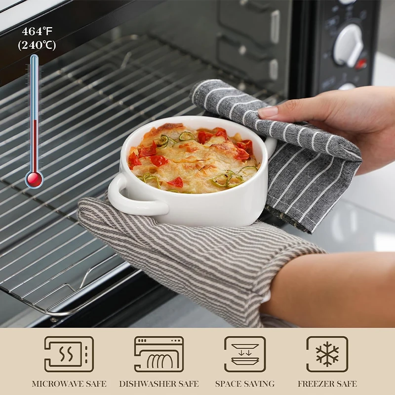 4Pcs Ceramic Pot Microwave Safe Mini Cocotte Set Individual Baking Ramekins with Double Handle Dishwasher Safe Soup Bowl Set
